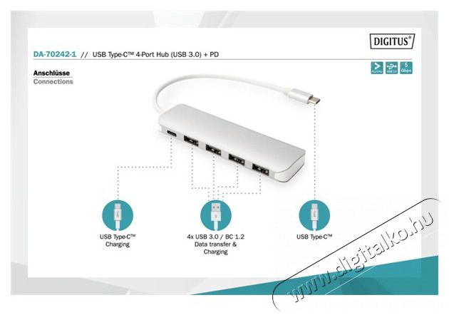DIGITUS USB Type-C 4 portos USB 3.0 hub + PD Iroda és számítástechnika - Notebook kiegészítő - USB hub / elosztó - 415645