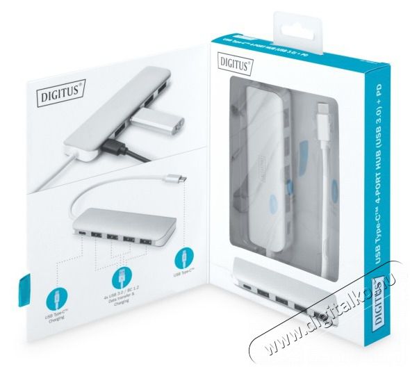 DIGITUS USB Type-C 4 portos USB 3.0 hub + PD Iroda és számítástechnika - Notebook kiegészítő - USB hub / elosztó - 415645