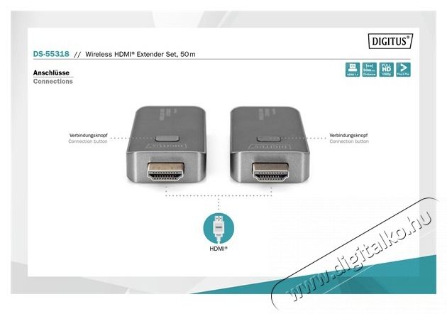 DIGITUS DS-55318 vezet&eacute;k n&eacute;lk&uuml;li HDMI extender szett 50m (ad&oacute; &eacute;s vevőegys&eacute;g) Iroda &eacute;s sz&aacute;m&iacute;t&aacute;stechnika - Egy&eacute;b sz&aacute;m&iacute;t&aacute;stechnikai term&eacute;k - 497874