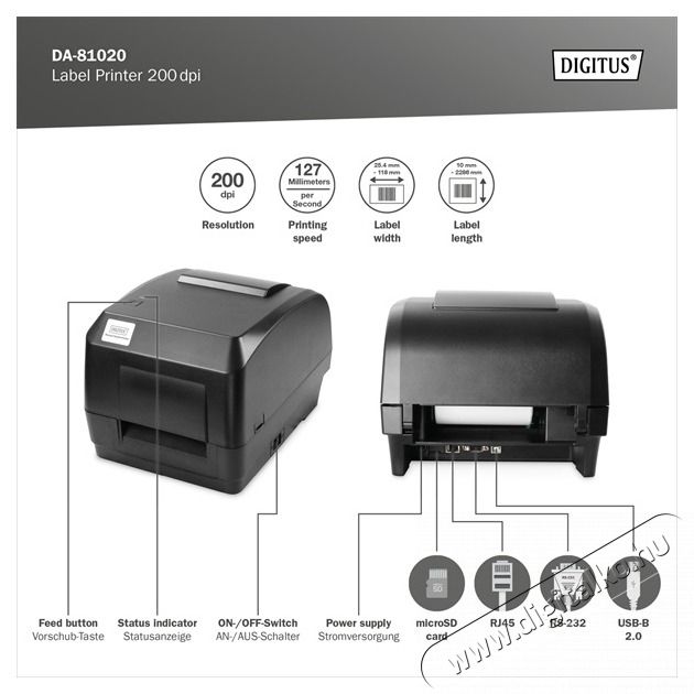 DIGITUS DA-81020 200dpi USB/RS232/LAN vonalk&oacute;dnyomtat&oacute; Iroda &eacute;s sz&aacute;m&iacute;t&aacute;stechnika - Egy&eacute;b sz&aacute;m&iacute;t&aacute;stechnikai term&eacute;k - 500328