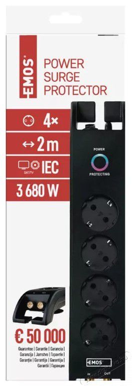 Emos EMOS P54222 2m 1800J SCHUKO 4 csatlakozós elosztó Háztartás / Otthon / Kültér - Világítás / elektromosság - Hálózati elosztó / hosszabbító / adapter - 369297