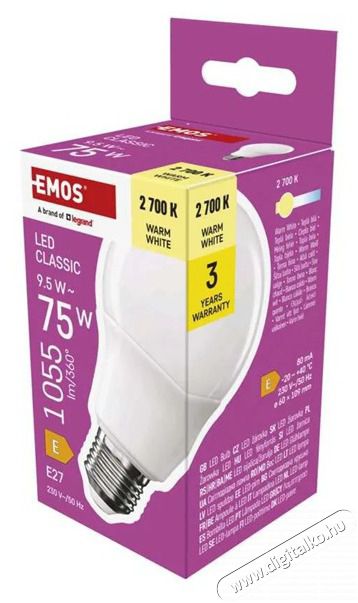 Emos ZQ5E51 A60 E27/9,5 W (75 W)/1055 lm/meleg feh&eacute;r classic LED izz&oacute; H&aacute;ztart&aacute;s / Otthon / K&uuml;lt&eacute;r - Vil&aacute;g&iacute;t&aacute;s / elektromoss&aacute;g - E27 foglalat&uacute; izz&oacute; - 507838