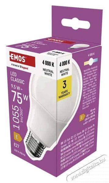 Emos ZQ5E53 A60 E27/9,5 W (75 W)/1055 lm/term&eacute;szetes feh&eacute;r classic LED izz&oacute; H&aacute;ztart&aacute;s / Otthon / K&uuml;lt&eacute;r - Vil&aacute;g&iacute;t&aacute;s / elektromoss&aacute;g - E27 foglalat&uacute; izz&oacute; - 507839