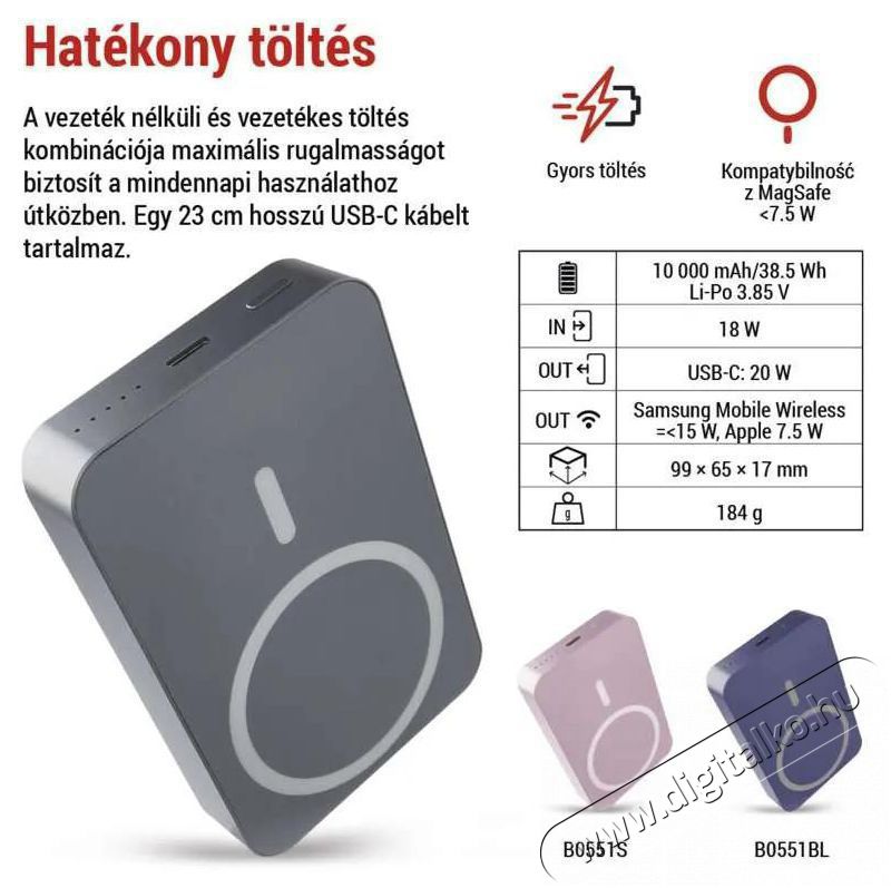 Emos WI 1046, 10 000 mAh, 20 W+Wireless, sz&uuml;rke powerbank Mobil / Kommunik&aacute;ci&oacute; / Smart - Powerbank / K&uuml;lső akkumul&aacute;tor &eacute;s t&ouml;ltő - 513836
