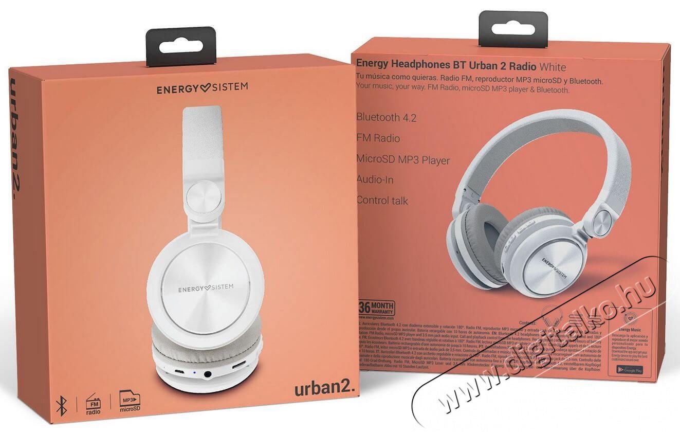 Energy Sistem EN 448456 Urban 2 Radio Bluetooth fejhallgató - fehér  Audio-Video / Hifi / Multimédia - Fül és Fejhallgatók - Fejhallgató mikrofonnal / headset - 367500