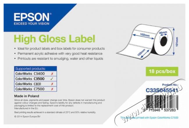 Epson S045541 High Gloss Label - Die-cut Roll: 102 Iroda és számítástechnika - Címkenyomtató - Szalag címkenyomtatóhoz - 400945