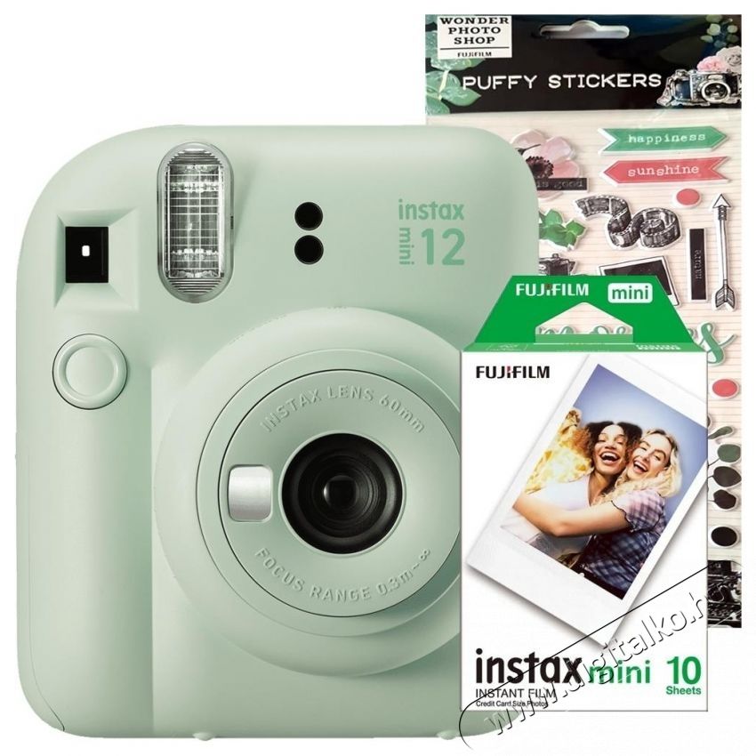 FujiFilm Instax Mini 12 instant f&eacute;nyk&eacute;pezőg&eacute;p, Green Mint + Mini Film 1x10 F&eacute;nyk&eacute;pezőg&eacute;p / kamera - Kompakt f&eacute;nyk&eacute;pezőg&eacute;p - Norm&aacute;l tud&aacute;s&uacute; kompakt - 537664