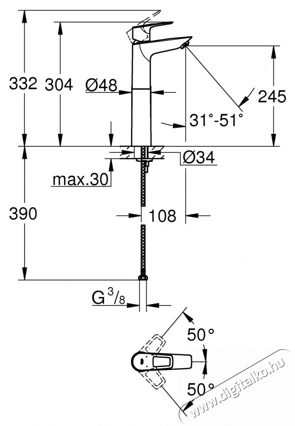 Grohe Bauloop 23764001 mosd&oacute; csaptelep, 3/8 , egykaros, XL m&eacute;ret, Kr&oacute;m H&aacute;ztart&aacute;s / Otthon / K&uuml;lt&eacute;r - F&uuml;rdőszoba / wc - Kieg&eacute;sz&iacute;tő - 536706