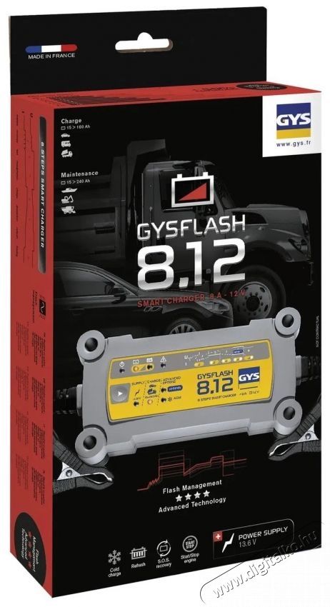 GYS Gysflash 8.12, 12 V 15-160 Ah, 4 A aut&oacute; akkumul&aacute;tor t&ouml;ltő Aut&oacute;hifi / Aut&oacute; felszerel&eacute;s - Aut&oacute;s / aut&oacute;hifi kieg&eacute;sz&iacute;tő - Aut&oacute; akkumul&aacute;tor t&ouml;ltő - 531827