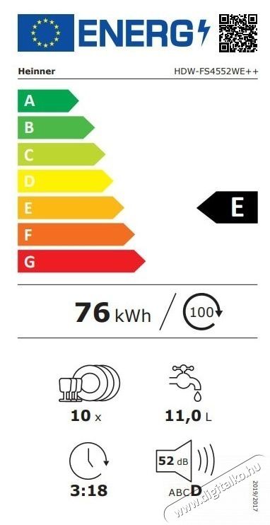 Heinner HDW-FS4552WE++ Mosogat&oacute;g&eacute;p, E energiaoszt&aacute;ly, Feh&eacute;r Konyhai term&eacute;kek - Mosogat&oacute;g&eacute;p - Keskeny (45cm-ig) szabadon&aacute;ll&oacute; mosogat&oacute;g&eacute;p - 535246