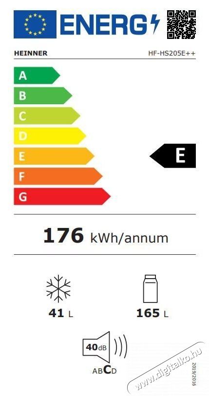 Heinner HF-HS205E++ Hűtőszekr&eacute;ny, 206 l, E energiaoszt&aacute;ly, LED l&aacute;mpa, 3 &uuml;vegpolc, M 143,4 cm, Feh&eacute;r Konyhai term&eacute;kek - Hűtő, fagyaszt&oacute; (szabadon&aacute;ll&oacute;) - Fel&uuml;lfagyaszt&oacute;s kombin&aacute;lt hűtő - 535258