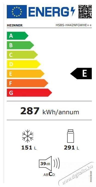 Heinner HSBS-H442NFGWHE++ Side by side hűtő, 442 l, M:177cm, Total NoFrost, Display, E energiaoszt&aacute;ly, Feh&eacute;r Konyhai term&eacute;kek - Hűtő, fagyaszt&oacute; (be&eacute;p&iacute;thető) - Amerikai t&iacute;pus&uacute; Side By Side hűtő - 535266