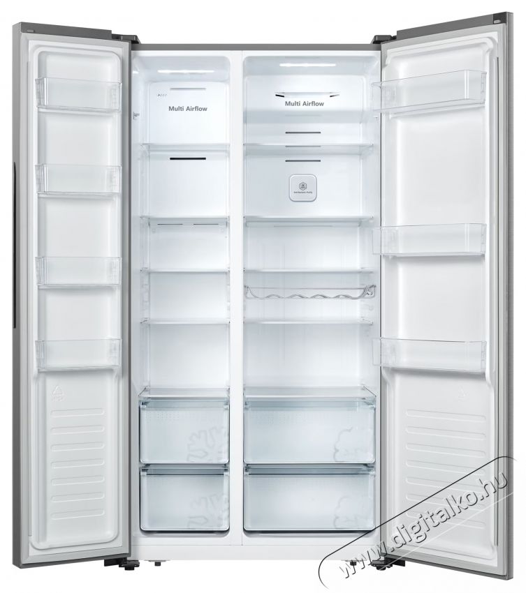 Heinner HSBS-HS519NFXE++ Side by side hűtőszekr&eacute;ny, 519 l, Full No Frost, E oszt&aacute;ly, &eacute;rintők&eacute;pernyő, Nyitott ajt&oacute; riaszt&oacute;, M 1786 cm, Rozsdamentes ac&eacute;l Konyhai term&eacute;kek - Hűtő, fagyaszt&oacute; (szabadon&aacute;ll&oacute;) - Amerikai t&iacute;pus&uacute; Side By Side hűtő - 535265