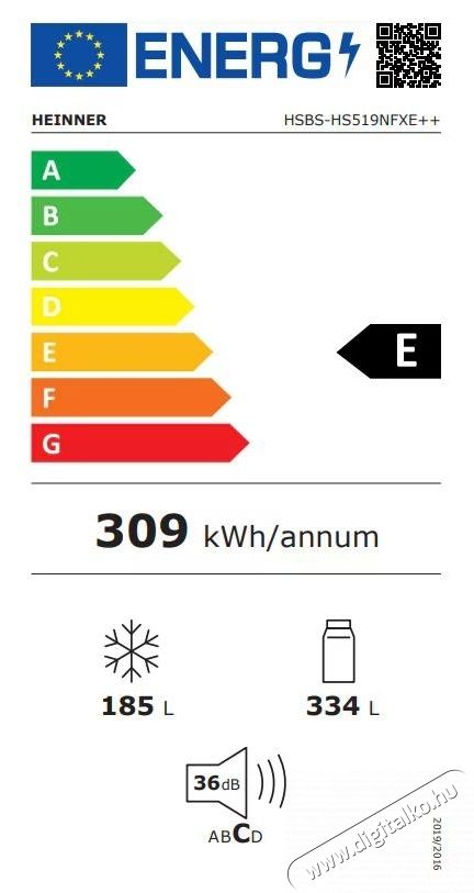 Heinner HSBS-HS519NFXE++ Side by side hűtőszekr&eacute;ny, 519 l, Full No Frost, E oszt&aacute;ly, &eacute;rintők&eacute;pernyő, Nyitott ajt&oacute; riaszt&oacute;, M 1786 cm, Rozsdamentes ac&eacute;l Konyhai term&eacute;kek - Hűtő, fagyaszt&oacute; (szabadon&aacute;ll&oacute;) - Amerikai t&iacute;pus&uacute; Side By Side hűtő - 535265