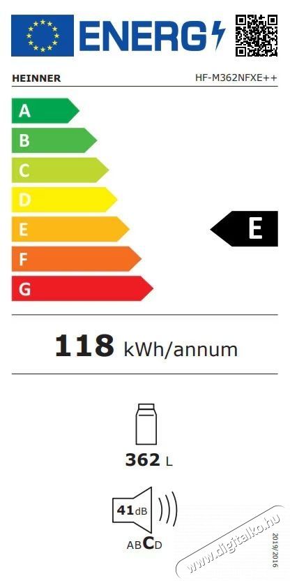 Heinner HF-M362NFXE++ egyajt&oacute;s hűtőszekr&eacute;ny, 362 l, Rozsdamentes ac&eacute;l Konyhai term&eacute;kek - Hűtő, fagyaszt&oacute; (szabadon&aacute;ll&oacute;) - Alulfagyaszt&oacute;s kombin&aacute;lt hűtő - 533477