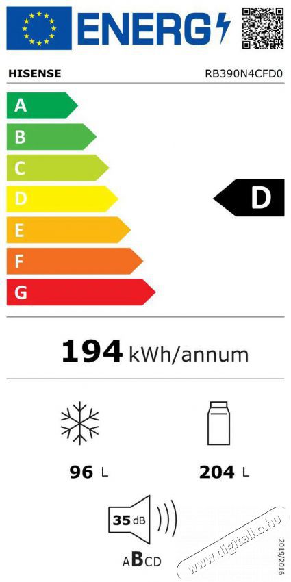 Hisense RB390N4CFD0 Konyhai term&eacute;kek - Hűtő, fagyaszt&oacute; (szabadon&aacute;ll&oacute;) - Alulfagyaszt&oacute;s kombin&aacute;lt hűtő - 509419