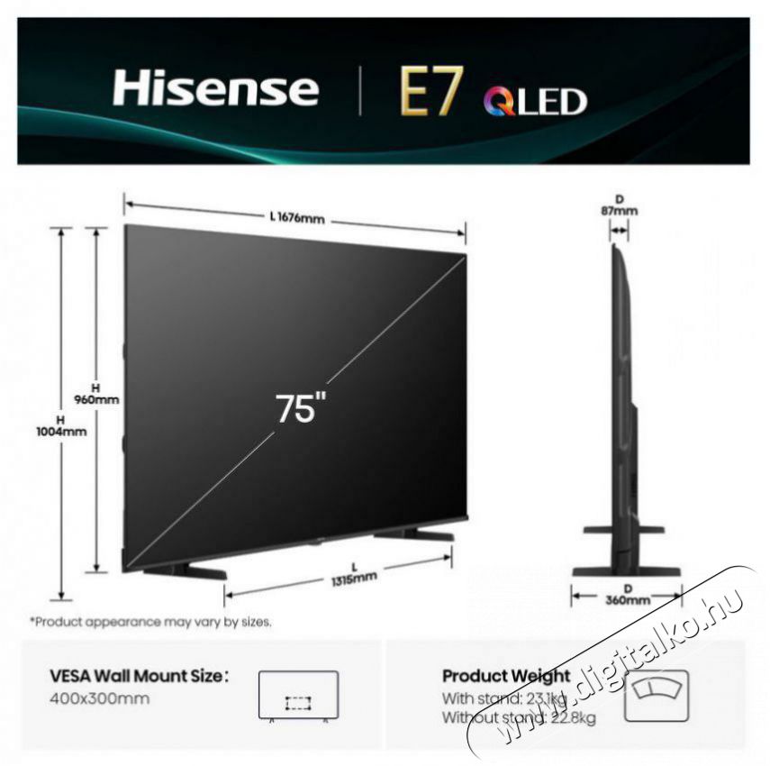 Hisense 75E7Q Telev&iacute;zi&oacute;k - LED telev&iacute;zi&oacute; - UHD 4K felbont&aacute;s&uacute; - 511966