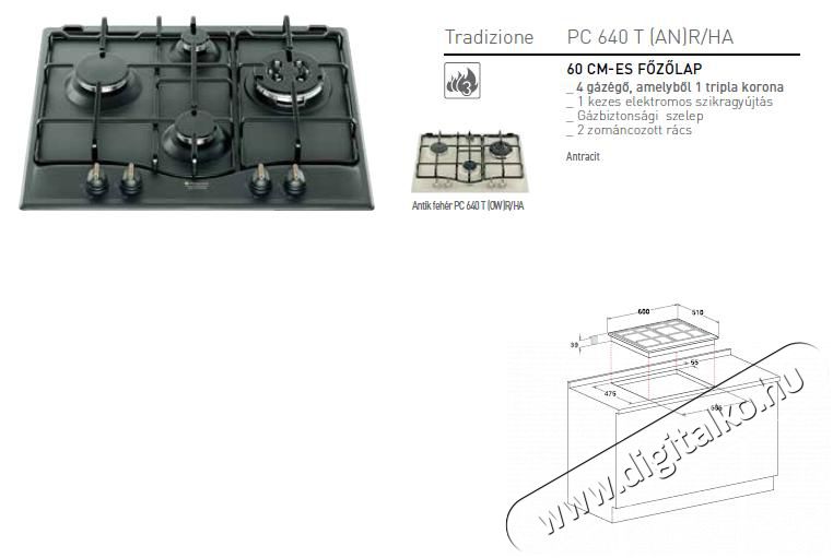 Hotpoint Ariston PC 640 T (AN) R /HA Gázfőzőlap Konyhai termékek - Sütő-főzőlap, tűzhely (beépíthető) - Gázfőzőlap (beépíthető) - 268165