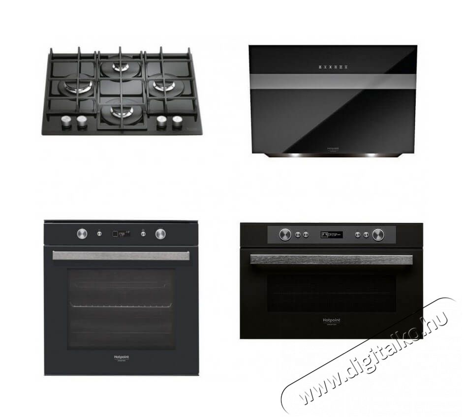 Hotpoint Ariston FI7 861 SH BL HA beépíthető sütő + TQG 641 HA(BK) EE főzőlap + MD 764 BL HA beépíthető mikrohullámú sütő + HHVS 8.7F LT K páraelszívó Konyhai termékek - Sütő-főzőlap, tűzhely (beépíthető) - Sütő-főzőlap szett (beépíthető) - 347713