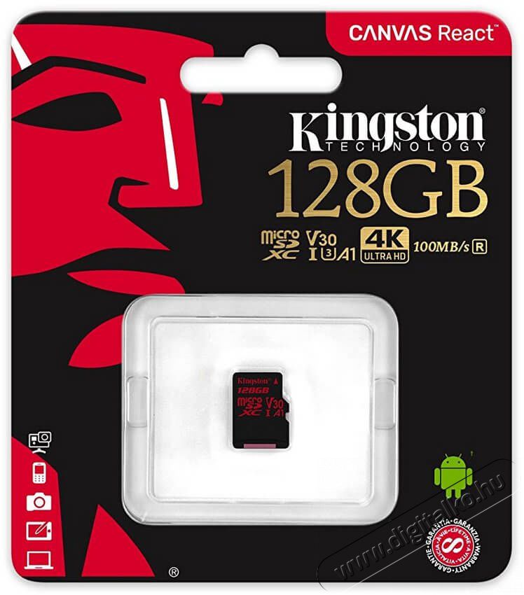 Kingston 128GB SD micro Canvas React (SDXC Class 10 UHS-I U3) (SDCR/128GBSP) memória kártya Memória kártya / Pendrive - MicroSD / MicroSDHC kártya - 337382