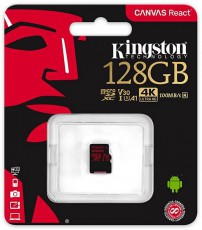 Kingston 128GB SD micro Canvas React (SDXC Class 10 UHS-I U3) (SDCR/128GBSP) memória kártya Memória kártya / Pendrive - MicroSD / MicroSDHC kártya - 337382