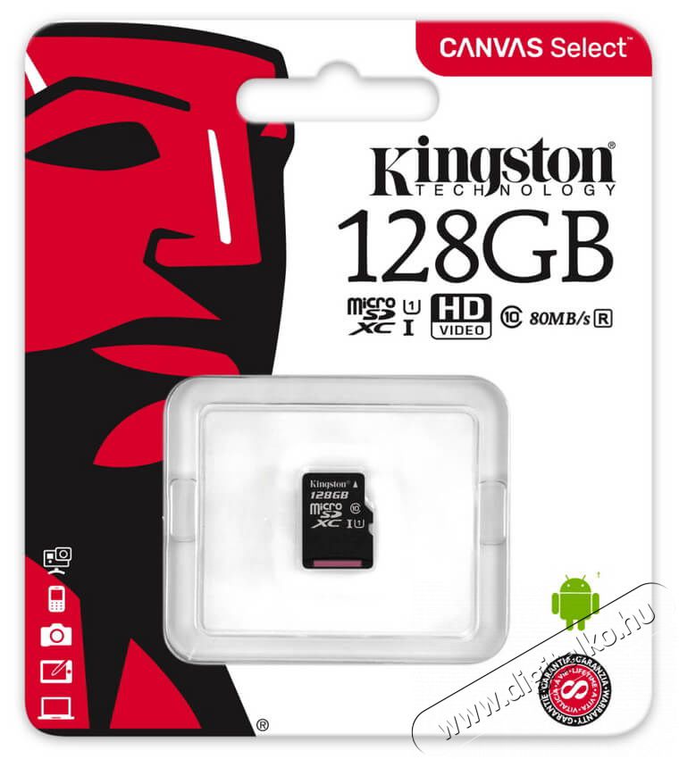 Kingston 128GB SD micro Canvas Select 80R (SDXC Class 10 UHS-I) (SDCS/128GBSP) memória kártya Memória kártya / Pendrive - MicroSD / MicroSDHC kártya - 334404