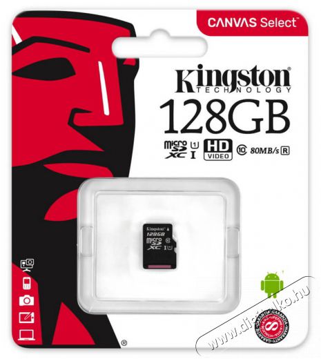 Kingston 128GB SD micro Canvas Select 80R (SDXC Class 10 UHS-I) (SDCS/128GBSP) memória kártya Memória kártya / Pendrive - MicroSD / MicroSDHC kártya - 334404
