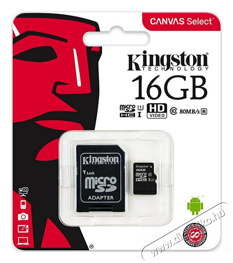 Kingston 16GB Class 10 UHS-I (SDCS/16GB) micro SD memória kártya Memória kártya / Pendrive - MicroSD / MicroSDHC kártya - 334406