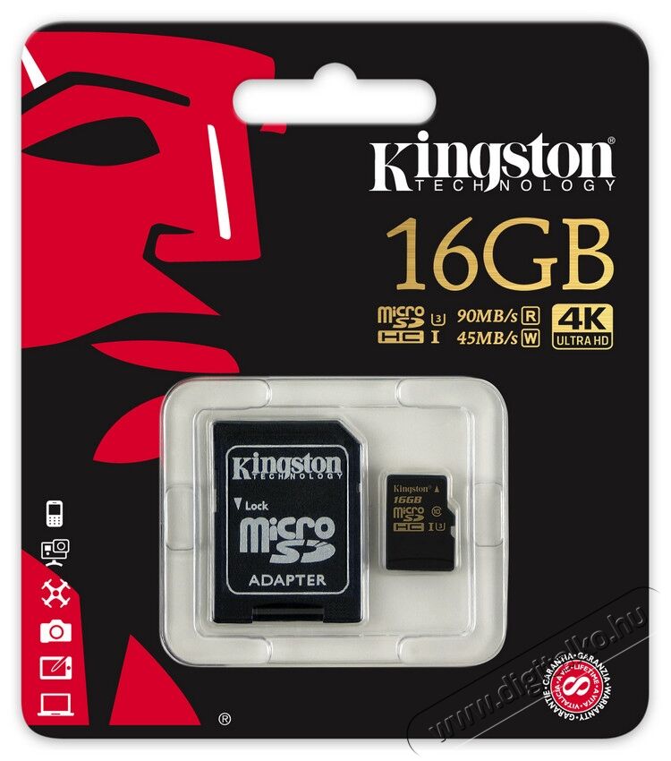 Kingston 16GB SD (microSDHC Class U3 UHS-I) (SDCG/16GB) memória kártya adapterrel Memória kártya / Pendrive - MicroSD / MicroSDHC kártya - 314293