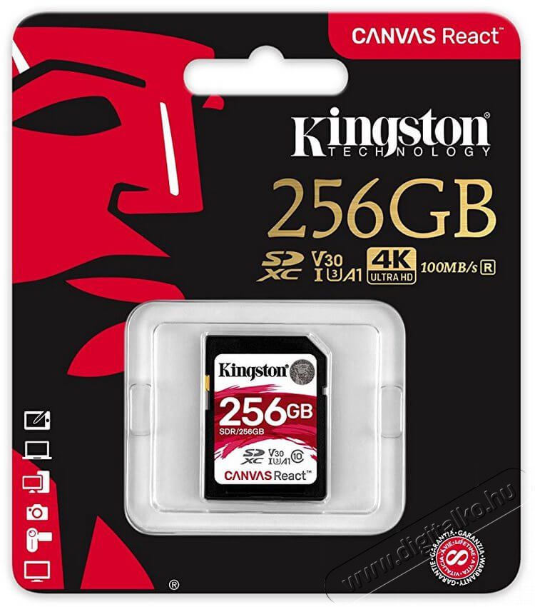 Kingston 256GB SD Canvas React (SDXC Class 10 UHS-I U3) (SDR/256GB) memória kártya Memória kártya / Pendrive - SD / SDHC / SDXC kártya - 337383