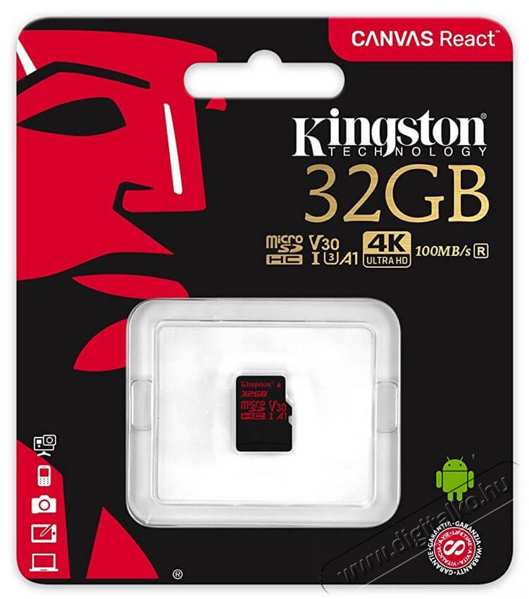 Kingston 32GB SD micro Canvas React (SDHC Class 10 UHS-I U3) (SDCR/32GBSP) memória kártya Memória kártya / Pendrive - MicroSD / MicroSDHC kártya - 337386