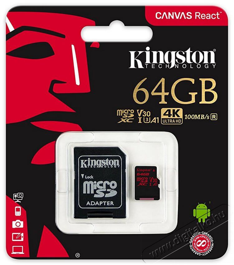 Kingston 64GB SD micro Canvas React (SDXC Class 10 UHS-I U3) (SDCR/64GB) memória kártya adapterrel Memória kártya / Pendrive - MicroSD / MicroSDHC kártya - 337388