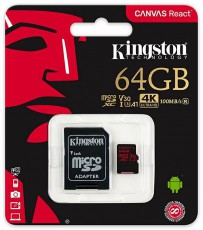 Kingston 64GB SD micro Canvas React (SDXC Class 10 UHS-I U3) (SDCR/64GB) memória kártya adapterrel Memória kártya / Pendrive - MicroSD / MicroSDHC kártya - 337388
