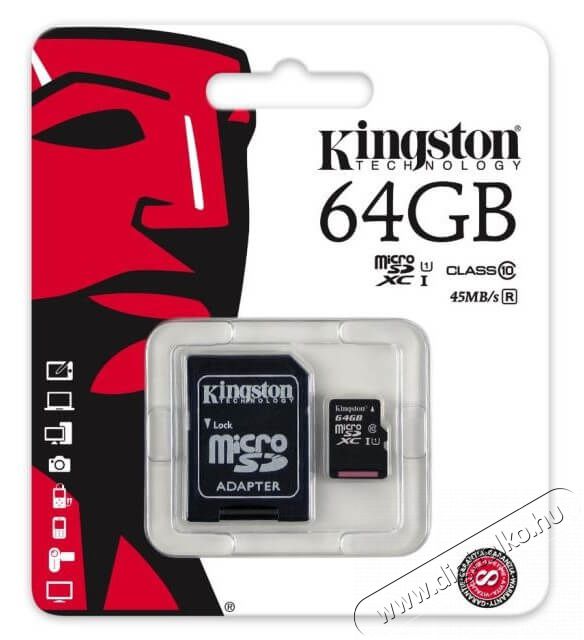 Kingston 64GB SD micro Canvas Select 80R (SDXC Class 10 UHS-I) (SDCS/64GB) memória kártya adapterrel Memória kártya / Pendrive - MicroSD / MicroSDHC kártya - 334413