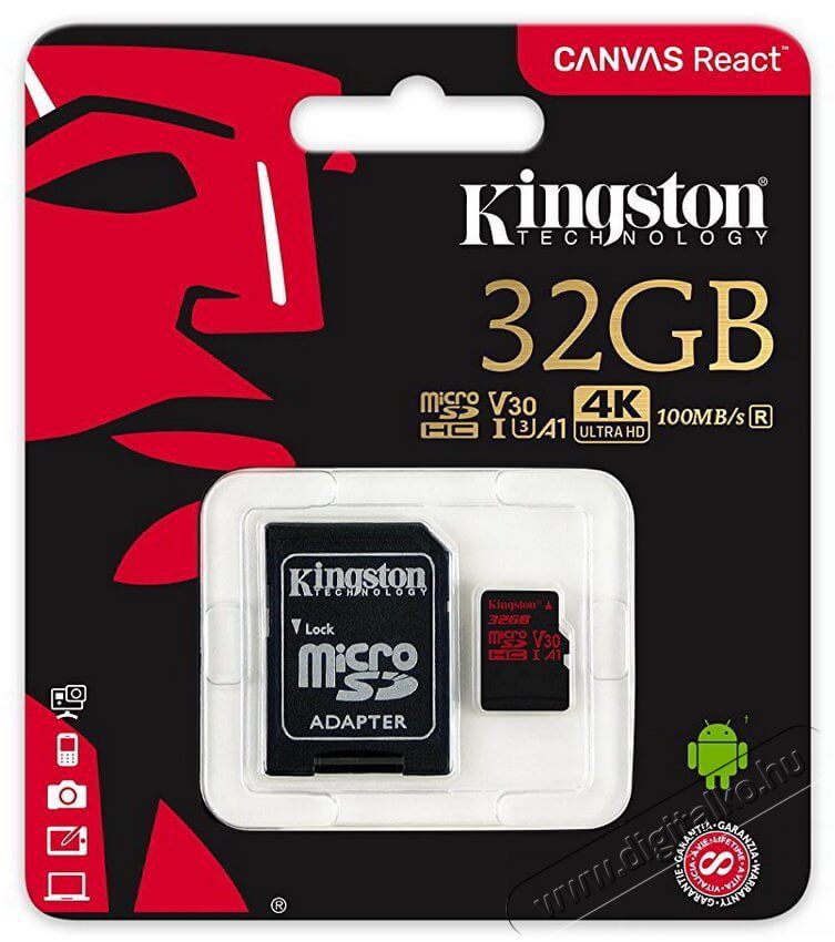 Kingston Canvas React 32GB Class 10 UHS-I U3 (SDCR/32GB) micro SD memória kártya Memória kártya / Pendrive - MicroSD / MicroSDHC kártya - 337385