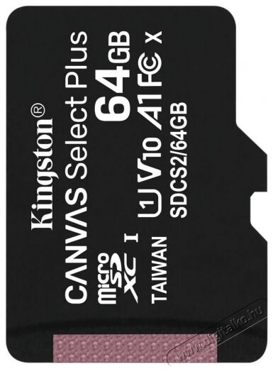 Kingston 64GB SD micro Canvas Select Plus (SDXC Class 10 A1) (SDCS2/64GBSP) memória kártya Memória kártya / Pendrive - MicroSD / MicroSDHC kártya - 367782