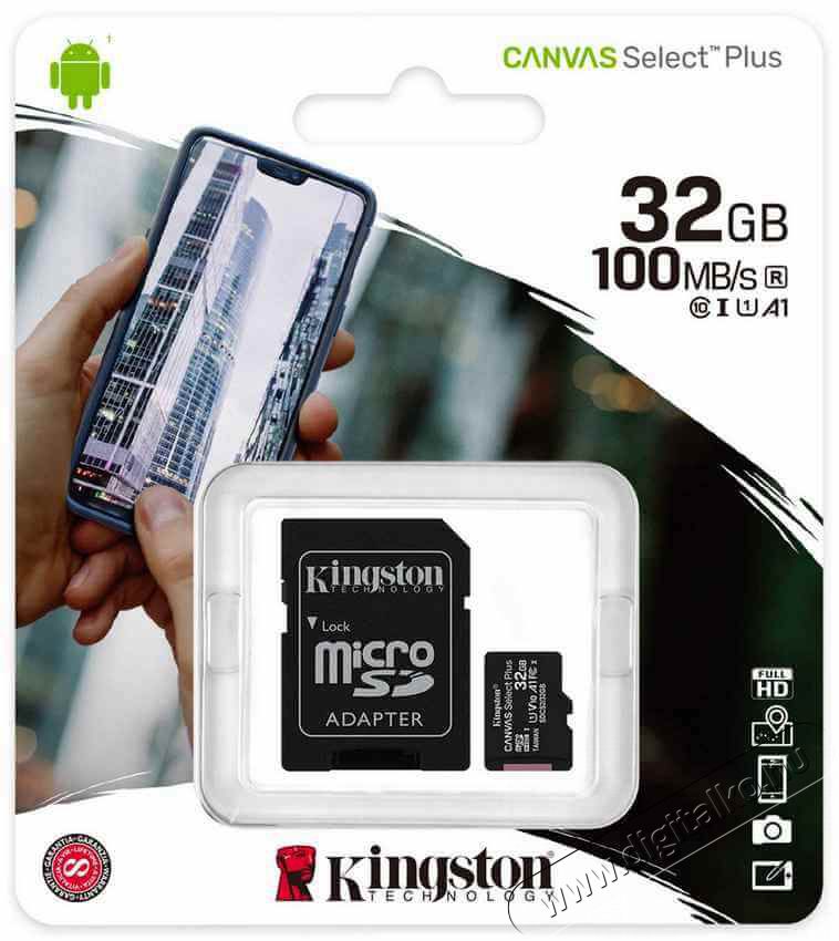 Kingston 32GB SD micro Canvas Select Plus (SDHC Class 10 A1) (SDCS2/32GB) memória kártya Memória kártya / Pendrive - MicroSD / MicroSDHC kártya - 367776