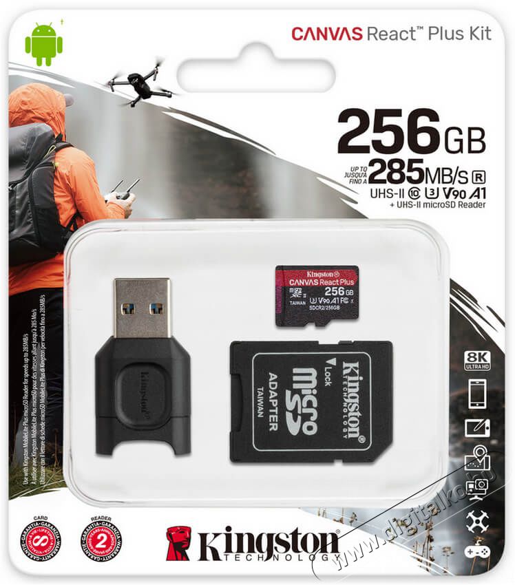 Kingston 256GB SD micro Canvas React Plus (SDXC Class 10 UHS-II U3) (MLPMR2/256GB) memória kártya Memória kártya / Pendrive - MicroSD / MicroSDHC kártya - 367818