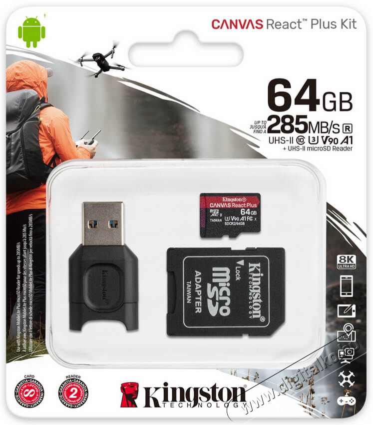 Kingston 64GB SD micro Canvas React Plus (SDXC Class 10 UHS-II U3) (MLPMR2/64GB) memória kártya Memória kártya / Pendrive - MicroSD / MicroSDHC kártya - 367824