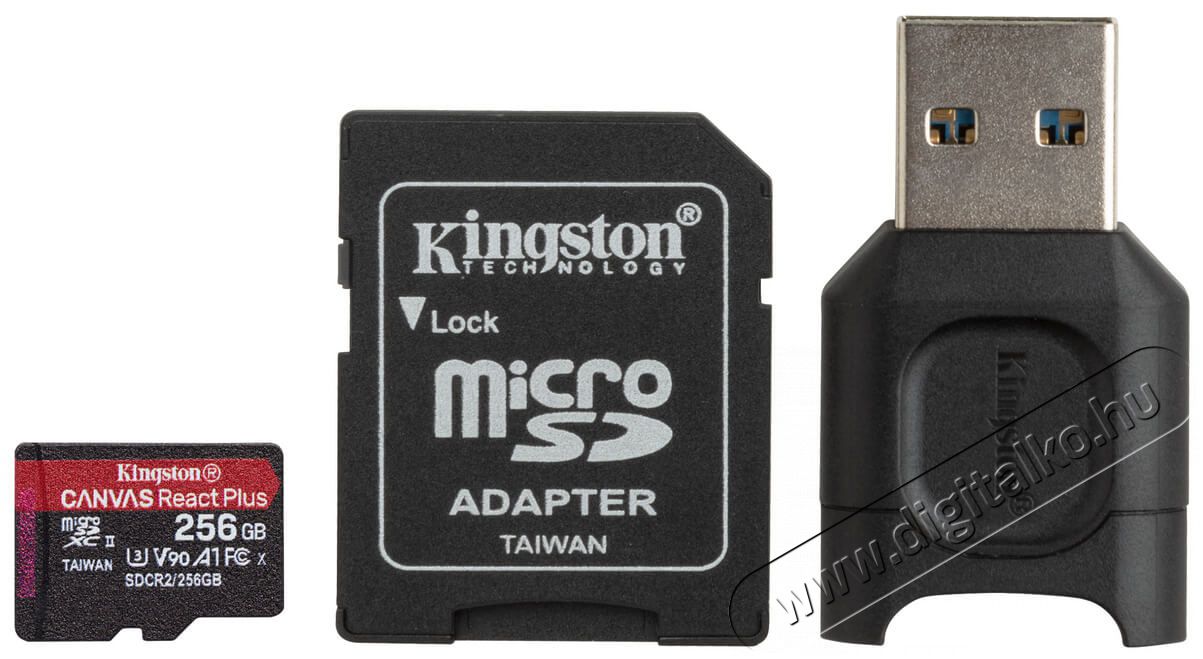 Kingston 256GB SD micro Canvas React Plus (SDXC Class 10 UHS-II U3) (MLPMR2/256GB) memória kártya Memória kártya / Pendrive - MicroSD / MicroSDHC kártya - 367818