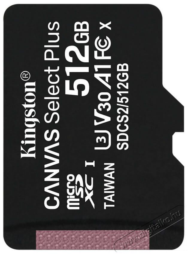 Kingston 512GB SD micro Canvas Select Plus (SDXC Class 10 A1) (SDCS2/512GBSP) memória kártya Memória kártya / Pendrive - MicroSD / MicroSDHC kártya - 367834