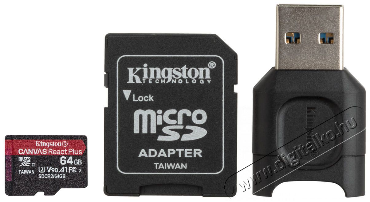 Kingston 64GB SD micro Canvas React Plus (SDXC Class 10 UHS-II U3) (MLPMR2/64GB) memória kártya Memória kártya / Pendrive - MicroSD / MicroSDHC kártya - 367824