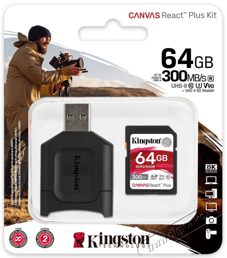 Kingston 64GB SD Canvas React Plus (SDXC Class 10 UHS-II U3) (MLPR2/64GB) memória kártya + olvasó Memória kártya / Pendrive - SD / SDHC / SDXC kártya - 367822