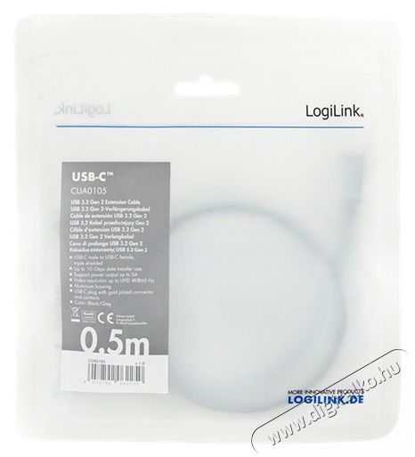 LogiLink CUA0105 50cm USB 3.2 Gen2 Type-C apa - anya kábel Mobil / Kommunikáció / Smart - Tablet / E-book kiegészítő, tok - Kábel - 398530