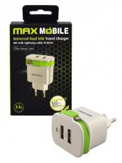 Max Mobile 3,4A univerzális fehér-zöld hálózati töltő + MFI Apple kábe Mobil / Kommunikáció / Smart - Tablet / E-book kiegészítő, tok - Kábel - 409869