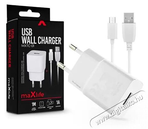 MAXLIFE TF-0102 univerzális fehér hálózati töltő adapter + 1m microUSB töltő és adatkábel Akkuk és töltők - Li-ion akkumulátor és töltő (gyári) - Töltő / hálózati adapter - 407636