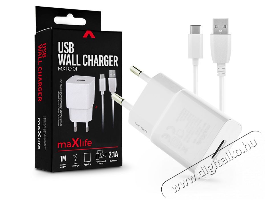 MAXLIFE TF-0100 univerzális fehér hálózati töltő adapter + 1m Type-C töltő és adatkábel Autóhifi / Autó felszerelés - Autós töltő / szivargyújtó adapter - 437719