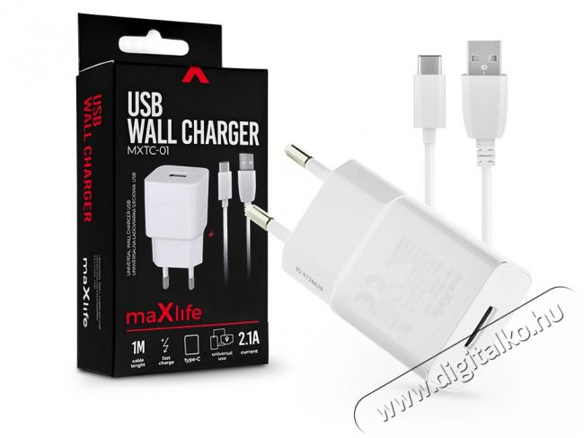 MAXLIFE TF-0100 univerzális fehér hálózati töltő adapter + 1m Type-C töltő és adatkábel Autóhifi / Autó felszerelés - Autós töltő / szivargyújtó adapter - 437719