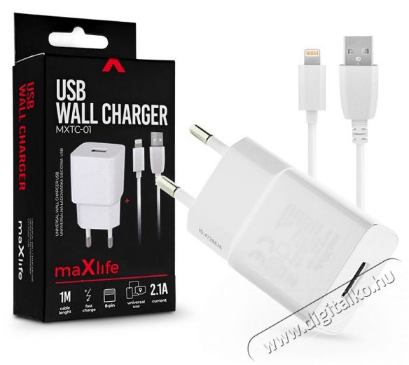 MAXLIFE Maxlife TF-0099 univerzális fehér hálózati töltő adapter + 1m Lightning töltő és adatkábel Fotó-Videó kiegészítők - Kábel - Egyéb kábel - 405400