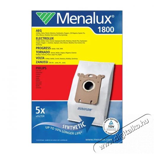 Menalux 1800 5 db szintetikus porzsák+1 mikroszűrő Háztartás / Otthon / Kültér - Porszívó / takarítógép - Porzsák / portartály - 384630